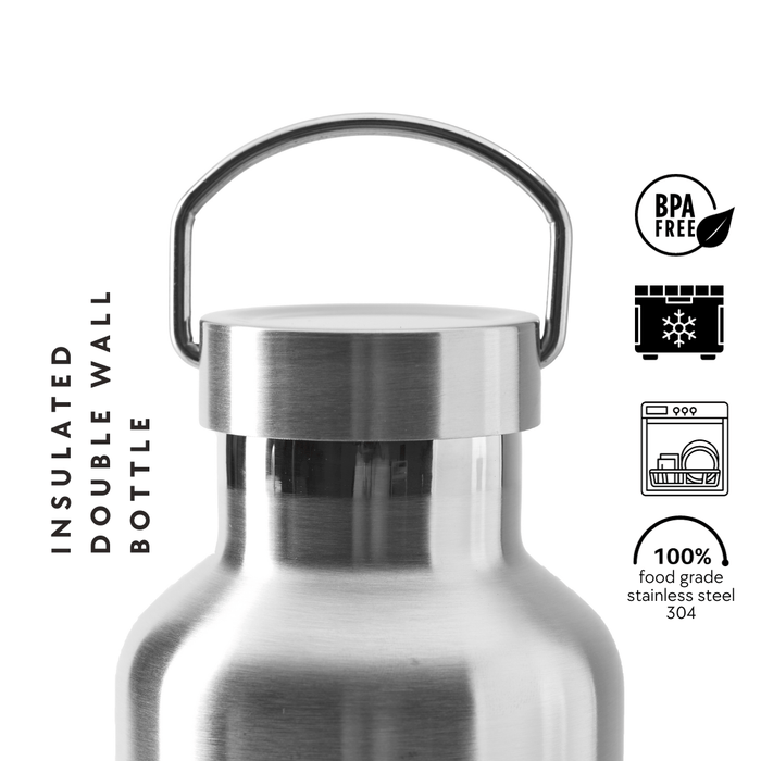 Ethika_Inc Stainless Steel Stainless Steel Double-Walled Water Bottle in 350ml, 500ml, 600ml, 750ml, and 1000ml sizes: Eco-friendly and versatile with a leak-proof steel lid. Expertly insulated to keep drinks cold for 24 hours or hot for 12. Designed with a silicone seal, it's dishwasher-safe and compatible with carbonated beverages. Stylish color options available. Ensures no metal aftertaste or harmful chemicals. Perfect for health-conscious and sustainability enthusiasts. #StayHydratedInStyle.