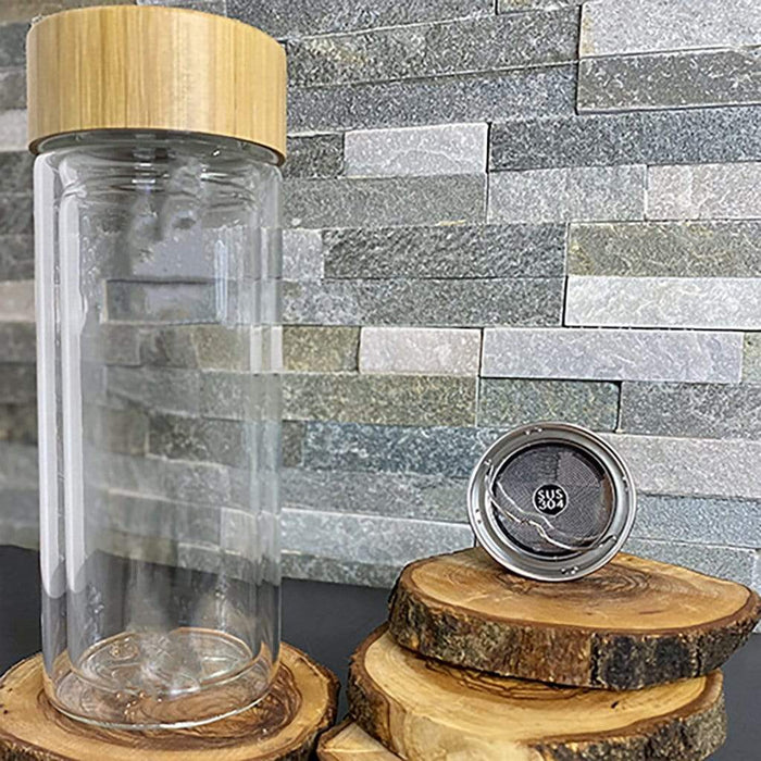 Ethika_Inc Borosilicate glass Tea Infuser bottle with bamboo lid or stainless steel lid