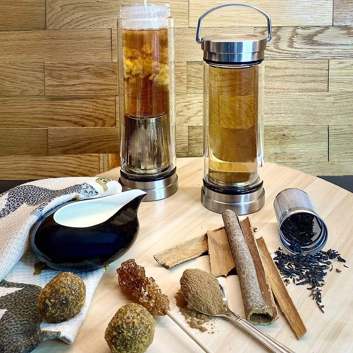 Ethika_Inc Borosilicate Glass TEA INFUSER BOTTLE with handle and stainless-steel lid