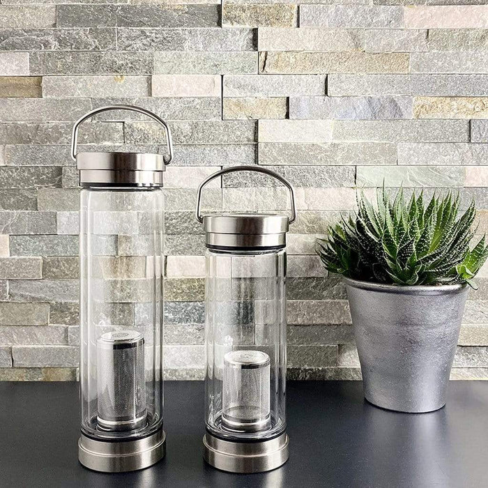 Ethika_Inc Borosilicate Glass TEA INFUSER BOTTLE with handle and stainless-steel lid