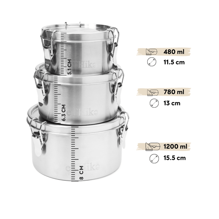 Ethika_Inc SET OF 3 leak-proof, stainless steel food containers 480ml + 780ml + 1200ml